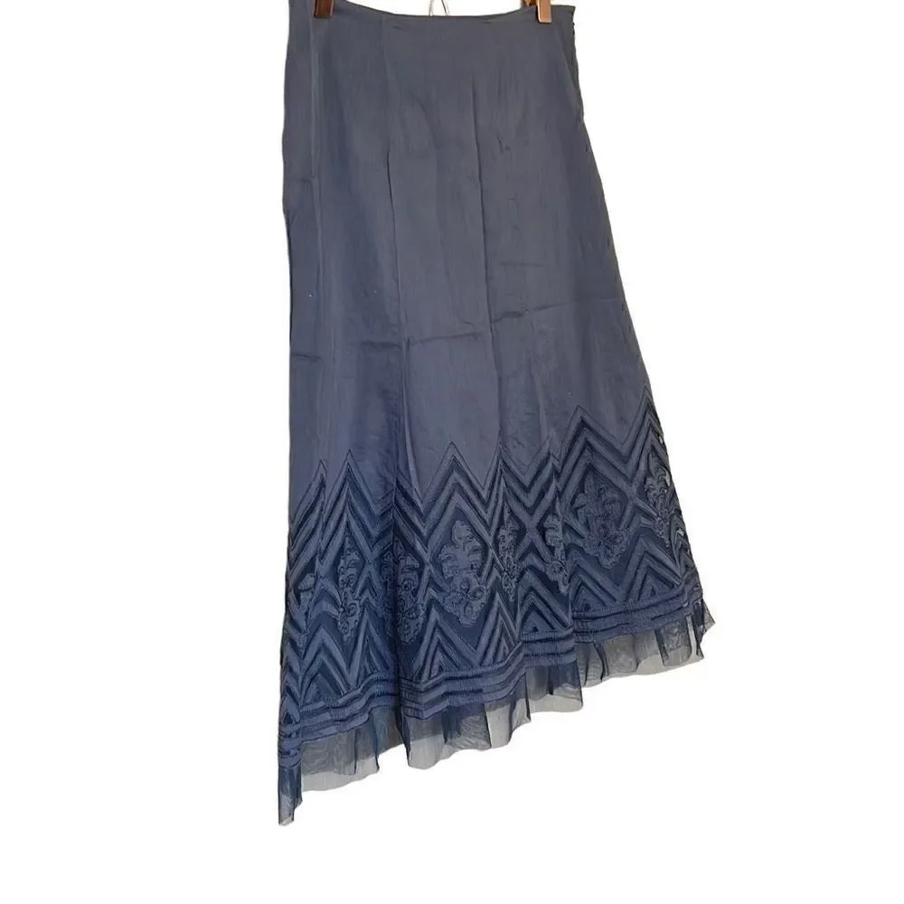 Nine West Embroidered Lined Appliqué Tulle Trim Long Skirt Blue Size 4P